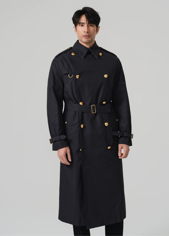 HANY imported fabric, gold-button trench coat for men, 2026, British style, long German-style coat, ruff, retro old-money style.