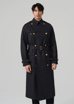 HANY imported fabric, gold-button trench coat for men, 2026, British style, long German-style coat, ruff, retro old-money style.