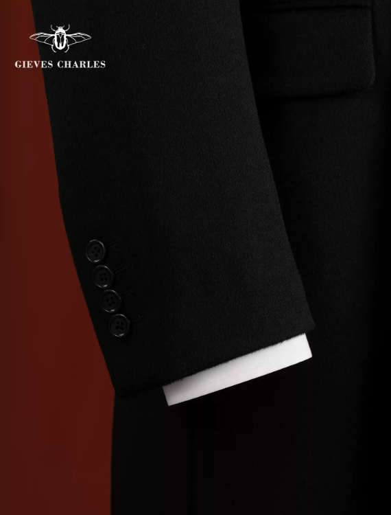 [Contains 30% cashmere] New Autumn/Winter Black Double-Breasted Wool and Cashmere Blend Mid-Length Woolen Coat for Men