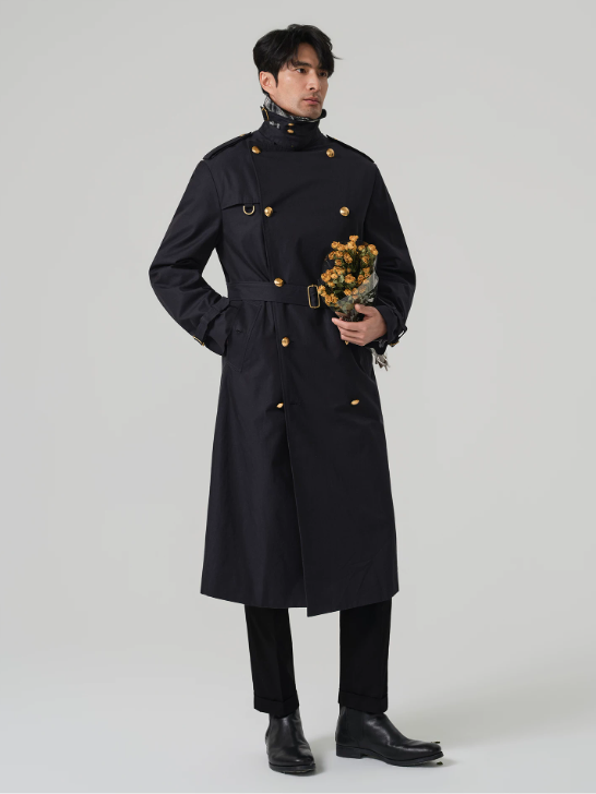 HANY imported fabric, gold-button trench coat for men, 2026, British style, long German-style coat, ruff, retro old-money style.