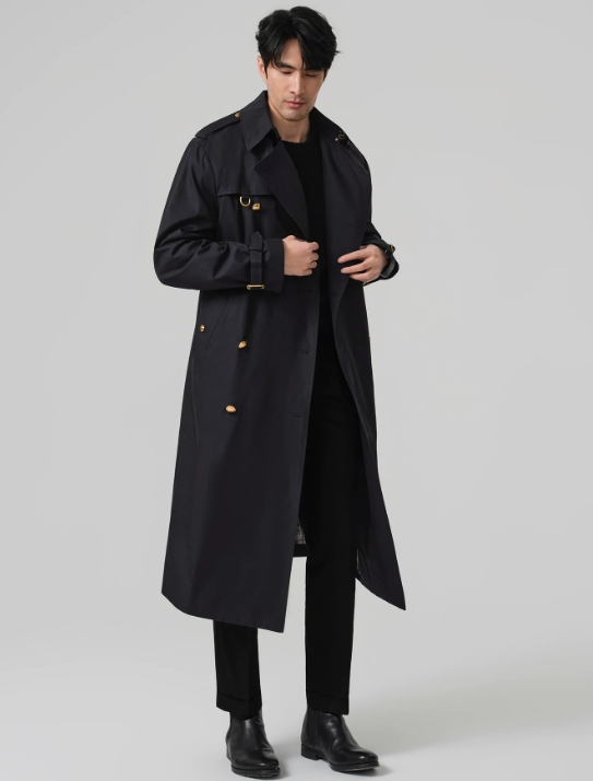 HANY imported fabric, gold-button trench coat for men, 2026, British style, long German-style coat, ruff, retro old-money style.