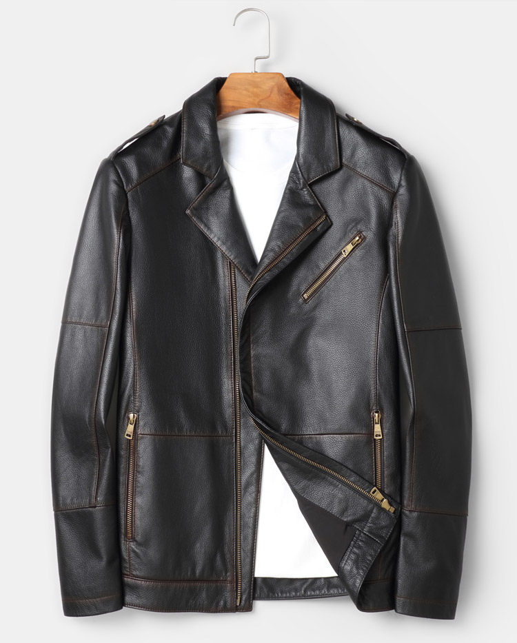 Haining Genuine Leather Jacket for Men, Top Layer Calfskin, Short Lapel Motorcycle Style, Stylish Spring and Autumn Coat