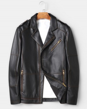 Haining Genuine Leather Jacket for Men, Top Layer Calfskin, Short Lapel Motorcycle Style, Stylish Spring and Autumn Coat