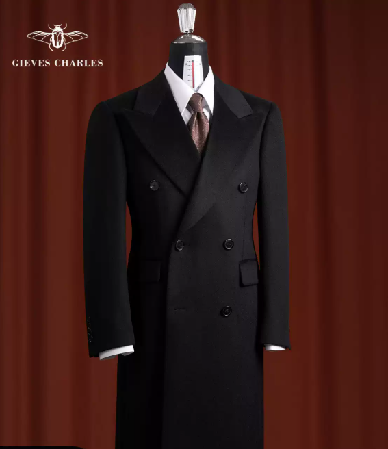 [Contains 30% cashmere] New Autumn/Winter Black Double-Breasted Wool and Cashmere Blend Mid-Length Woolen Coat for Men