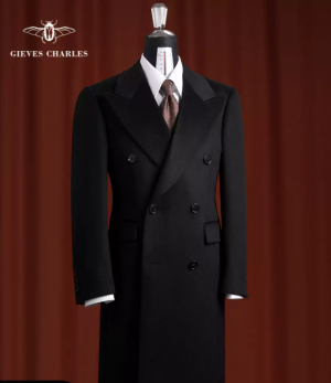 [Contains 30% cashmere] New Autumn/Winter Black Double-Breasted Wool and Cashmere Blend Mid-Length Woolen Coat for Men