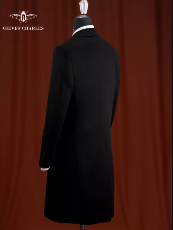 [Contains 30% cashmere] New Autumn/Winter Black Double-Breasted Wool and Cashmere Blend Mid-Length Woolen Coat for Men